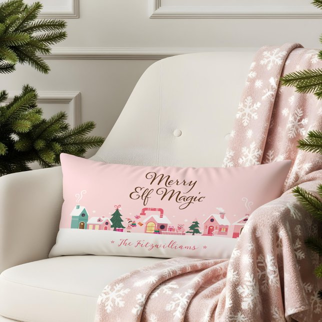 Cosy Santa North Pole Pink Elf Workshop Village Lumbar Cushion (Cozy Santa North Pole Pink Elf Workshop Village Lumbar Pillow)