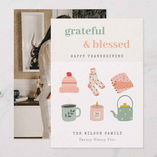 Cosy Scandi Autumn Essential Photo Thanksgiving Holiday Card (Front/Back)