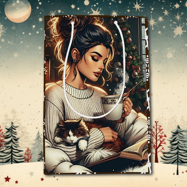 Cosy Scene | Woman Drinking Cocoa Christmas Medium Gift Bag (Creator Uploaded)