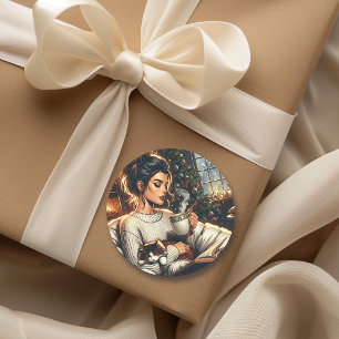 Cosy Scene Woman Drinking Cocoa with Cat Classic Round Sticker