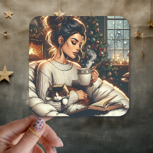 Cosy Scene   Woman Drinking Cocoa with Cat Square Sticker