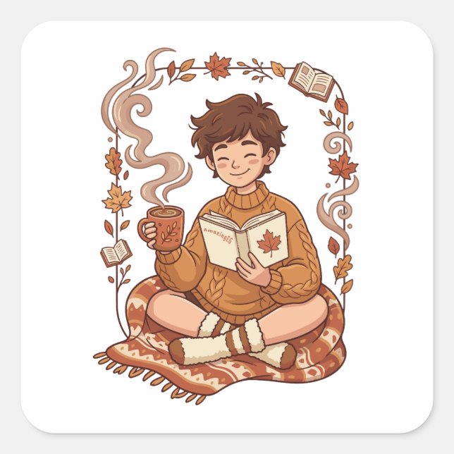 Cosy Season Autumn Reader Book Lover Cute Fall Square Sticker (Front)