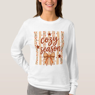 Cosy Season Retro Fall Floral Stripe Plaid Bow Art T-Shirt