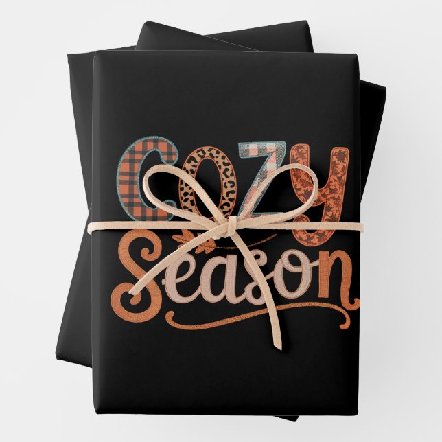 Cosy Season Retro Fall Get Cosy Thanksgiving Wrapping Paper Sheet (In situ)