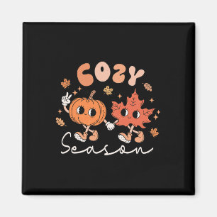 Cosy Season Retro Groovy Style Fall Leaves Pumpkin Magnet