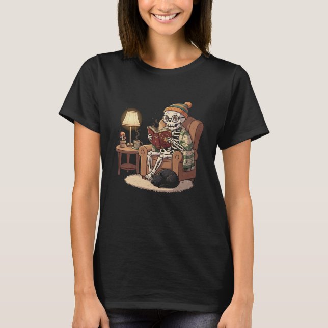 Cosy Skeleton Reader, Bookworm Gothic Art T-Shirt (Front)