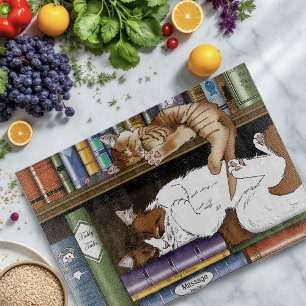 Cosy Sleeping Cats Bookshelf Illustration Cute Cutting Board