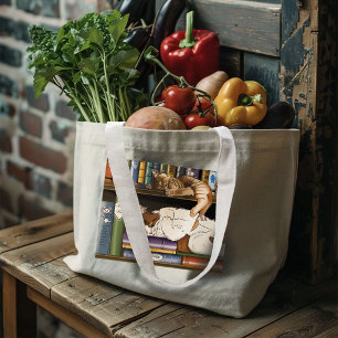 Cosy Sleeping Cats Bookshelf Illustration Cute Large Tote Bag