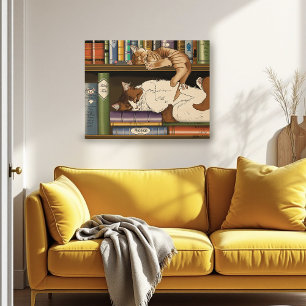 Cosy Sleeping Cats Bookshelf Illustration Cute Poster