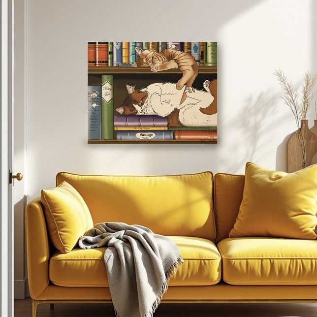 Cosy Sleeping Cats Bookshelf Illustration Cute Poster (Creator Uploaded)