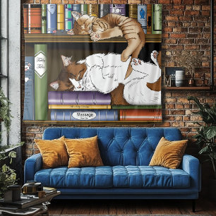 Cosy Sleeping Cats Bookshelf Illustration Cute Tapestry