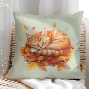 Cosy Sleeping Ginger Cat Sage Green Pillow