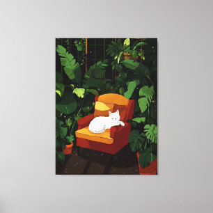 Cosy Sleeping White Cat Illustration Art Canvas Print