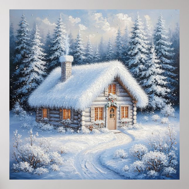 Cosy Snow-Covered Cabin in a Picturesque Winter Poster (Front)