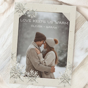 Cosy Snowflake Love keeps us warm couple photo Holiday Postcard
