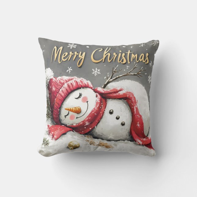 Cosy Snowman "Merry Christmas" Pillow (Front)