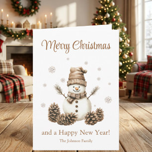 Cosy Snowman Pinecone Merry Christmas Holiday Card