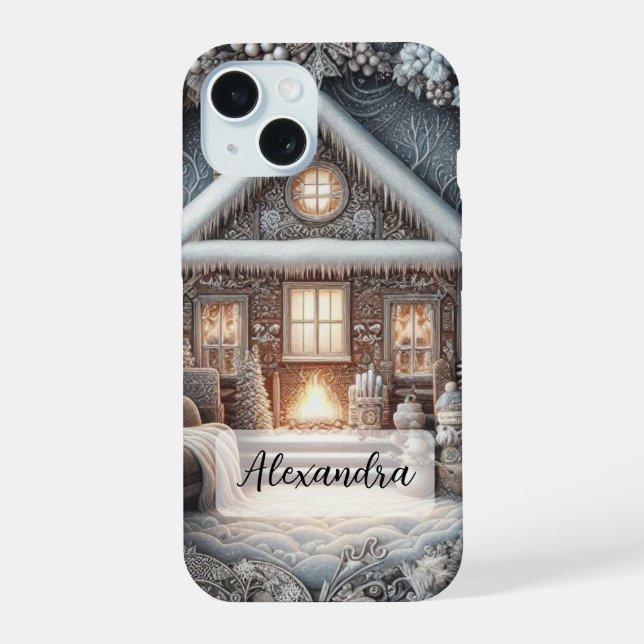 Cosy Snowy House, Sofa, Blanket, Gifts, Snowman iPhone 15 Case (Back)