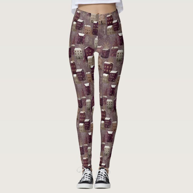 Cosy Snowy Winter Village Pattern (1) Leggings (Front)