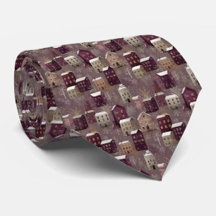 Cosy Snowy Winter Village Pattern (1) Tie
