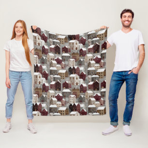Cosy Snowy Winter Village Pattern (3) Fleece Blanket