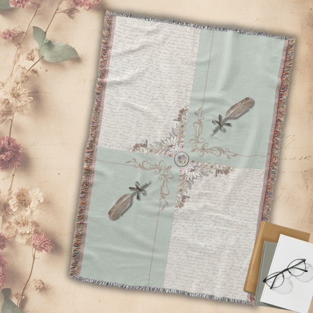 Cosy Soft Sage Green Manuscript Woven Throw Blanket (Ideal for Cottagecore, neutral, and peaceful home decor)