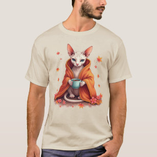 Cosy Sphynx Cat Wrapped in Blanket with Coffee – P T-Shirt