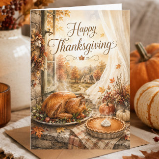 Cosy Stone Cottage Turkey Pumpkin Pie Thanksgiving Card