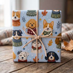 Cosy Sweater Puppies Winter Dog Pattern Wrapping Paper Sheet