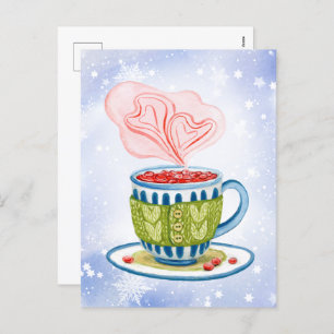 Cosy teacup and pink hearts holiday postcard