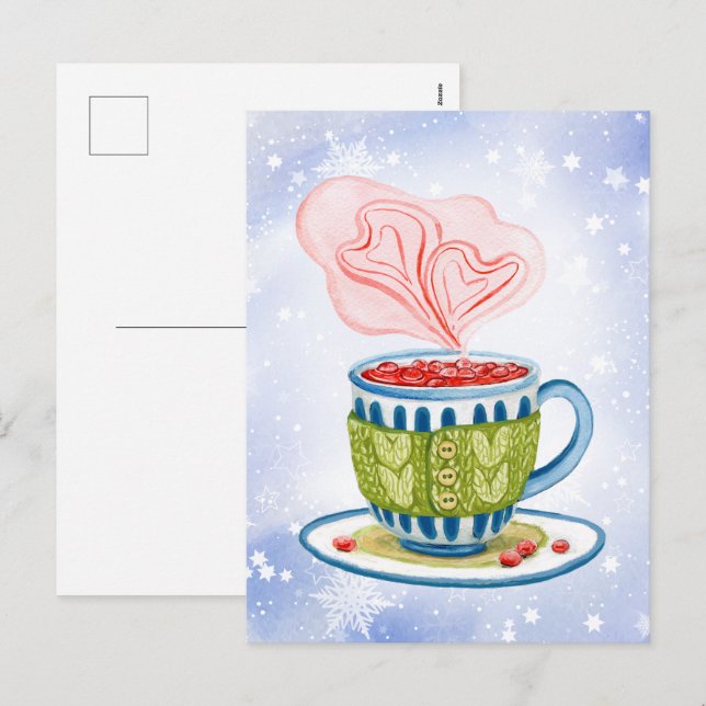 Cosy teacup and pink hearts holiday postcard (Front/Back)