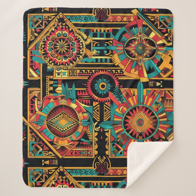 Cosy Teal "Aztec Dream" Plush Sherpa Blanket (Front)