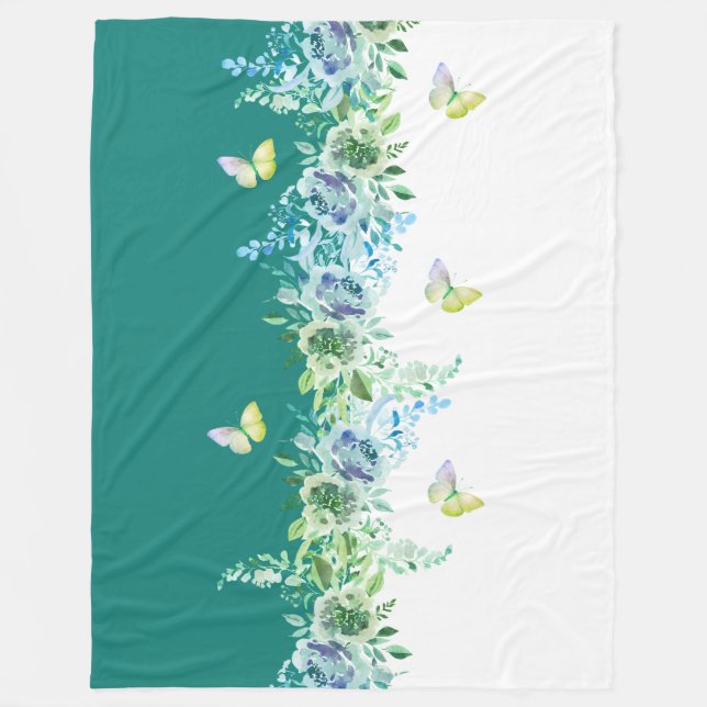 Cosy Teal Floral and Butterfly Sherpa Throw Fleece Blanket (Front)