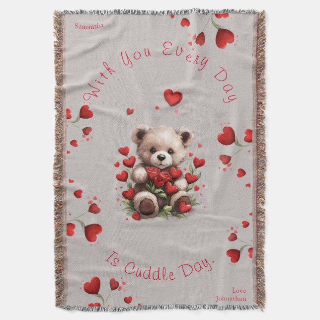 Cosy Teddy Bear Love Hearts & Roses Valentines Day Throw Blanket (Front Vertical)