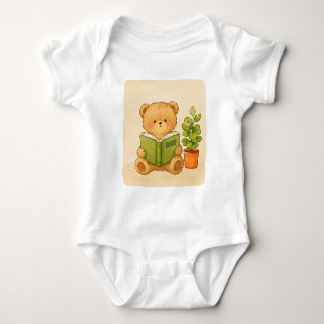 Cosy Teddy Bear Reading Book Baby Bodysuit (Front)