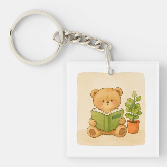Cosy Teddy Bear Reading Book Keychain (Front)