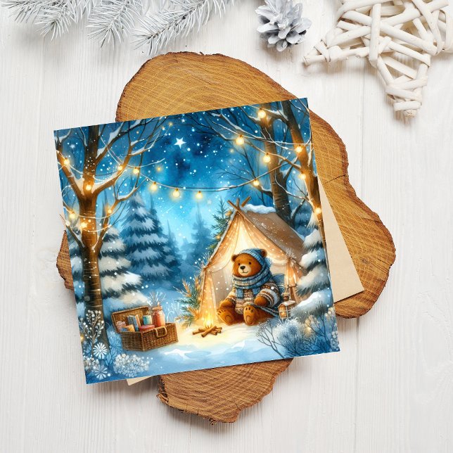Cosy Teddy Bear Seasonal Flat Square Holiday Card (Creator Uploaded)