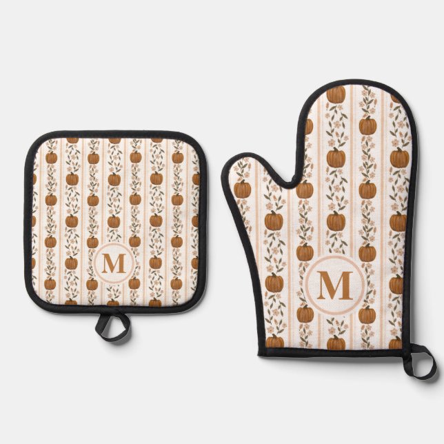 Cosy Thanksgiving Pumpkin Floral Oven Mitt & Pot Holder Set (Front)
