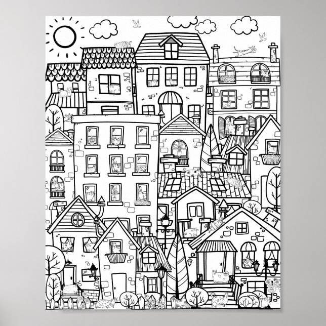 Cosy Town Cute Funny Cats Doodle Adult Colouring Poster (Front)