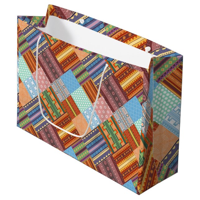 Cosy tribal patchwork pattern  large gift bag (Front Angled)