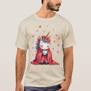 Cosy Unicorn Wrapped in Blanket Drinking Coffee  T-Shirt