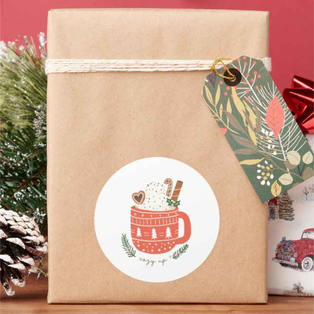 Cosy Up Hot Cocoa Mug Christmas Holiday Classic Round Sticker (Holiday)
