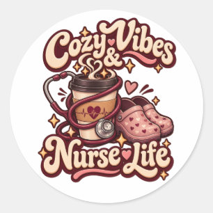 Cosy Vibes and Nurse Life Retro Coffee Classic Round Sticker