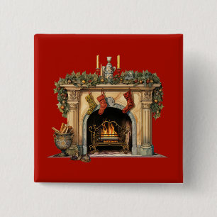 Cosy Victorian Fireplace Christmas 15 Cm Square Badge