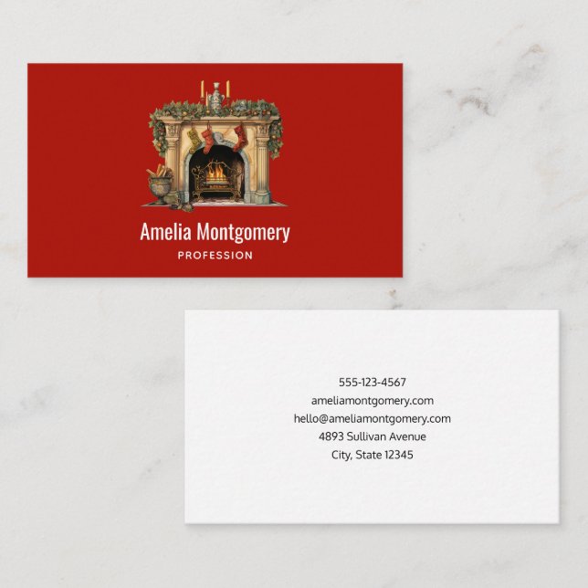 Cosy Victorian Fireplace Christmas Business Card (Front/Back)