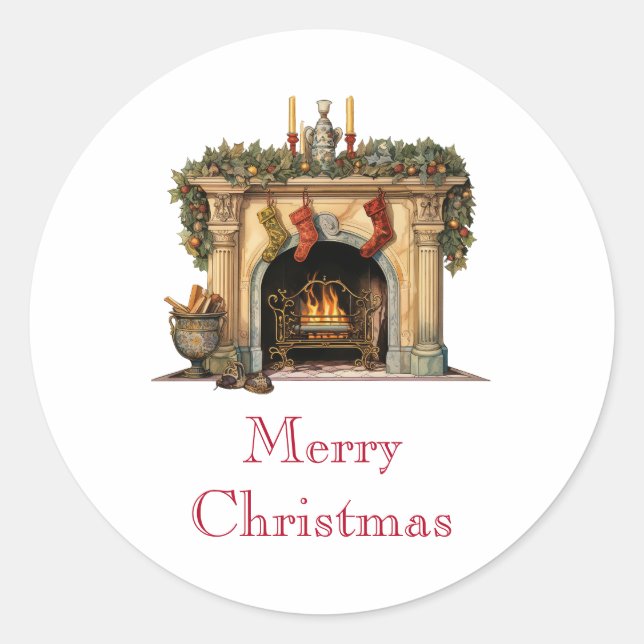 Cosy Victorian Fireplace Christmas Classic Round Sticker (Front)