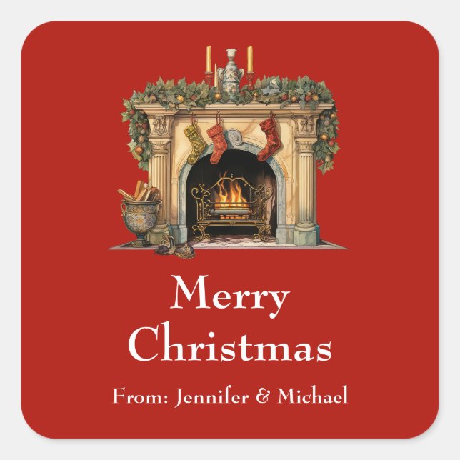 Cosy Victorian Fireplace Christmas Gift Square Sticker (Front)