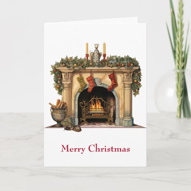 Cosy Victorian Fireplace Christmas Holiday Card (Front)