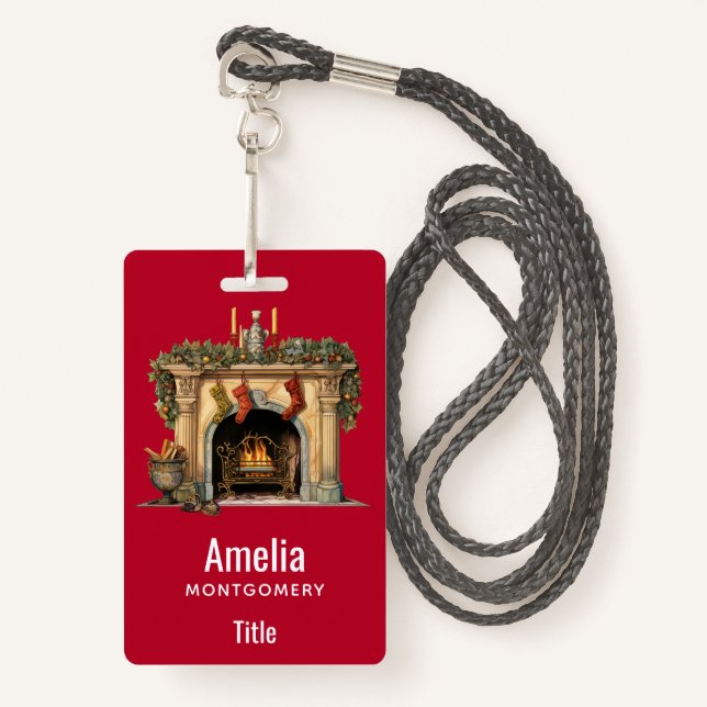 Cosy Victorian Fireplace Christmas ID Badge (Front with Lanyard)