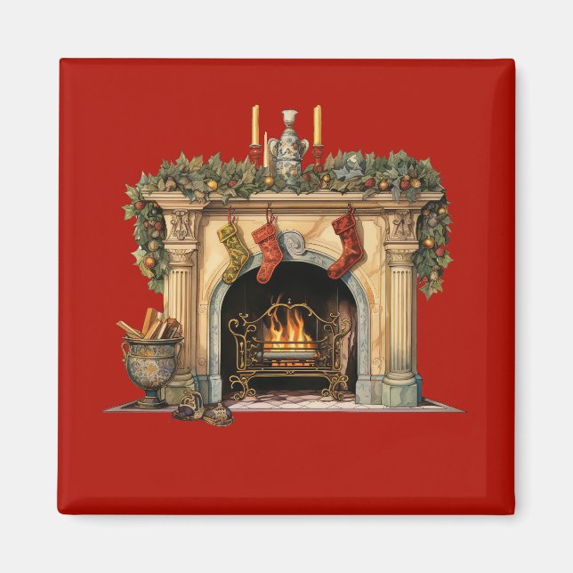 Cosy Victorian Fireplace Christmas Magnet (Front)